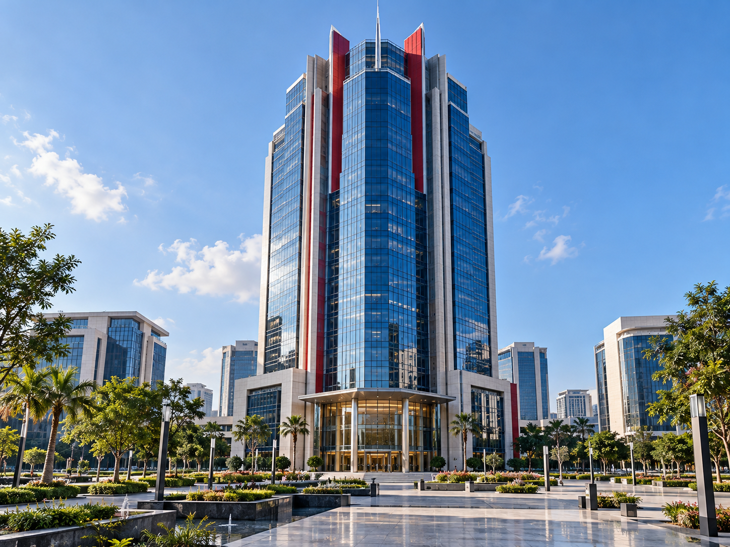 Modern glass business tower with blue and red architectural accents