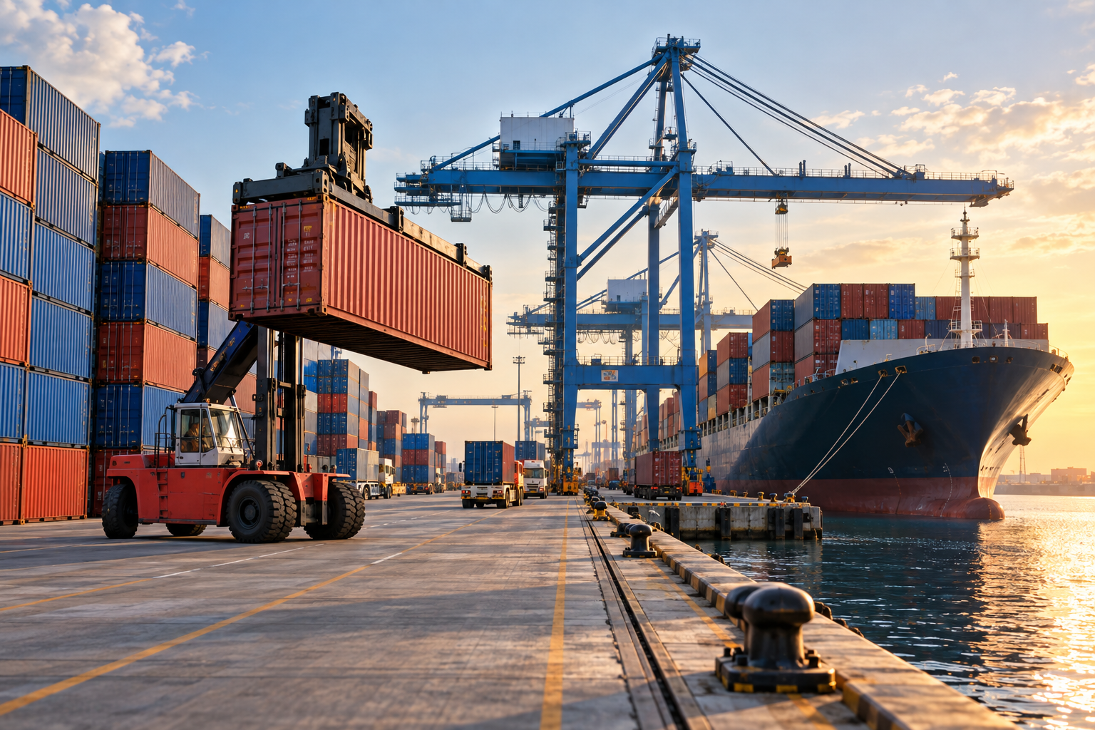Shipping containers and cargo vessel at a port